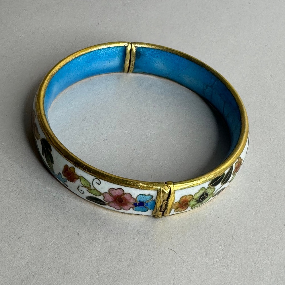 Vintage Chinese Cloisonne Enamel Floral Hinged Bangle Bracelet Blue White Gold